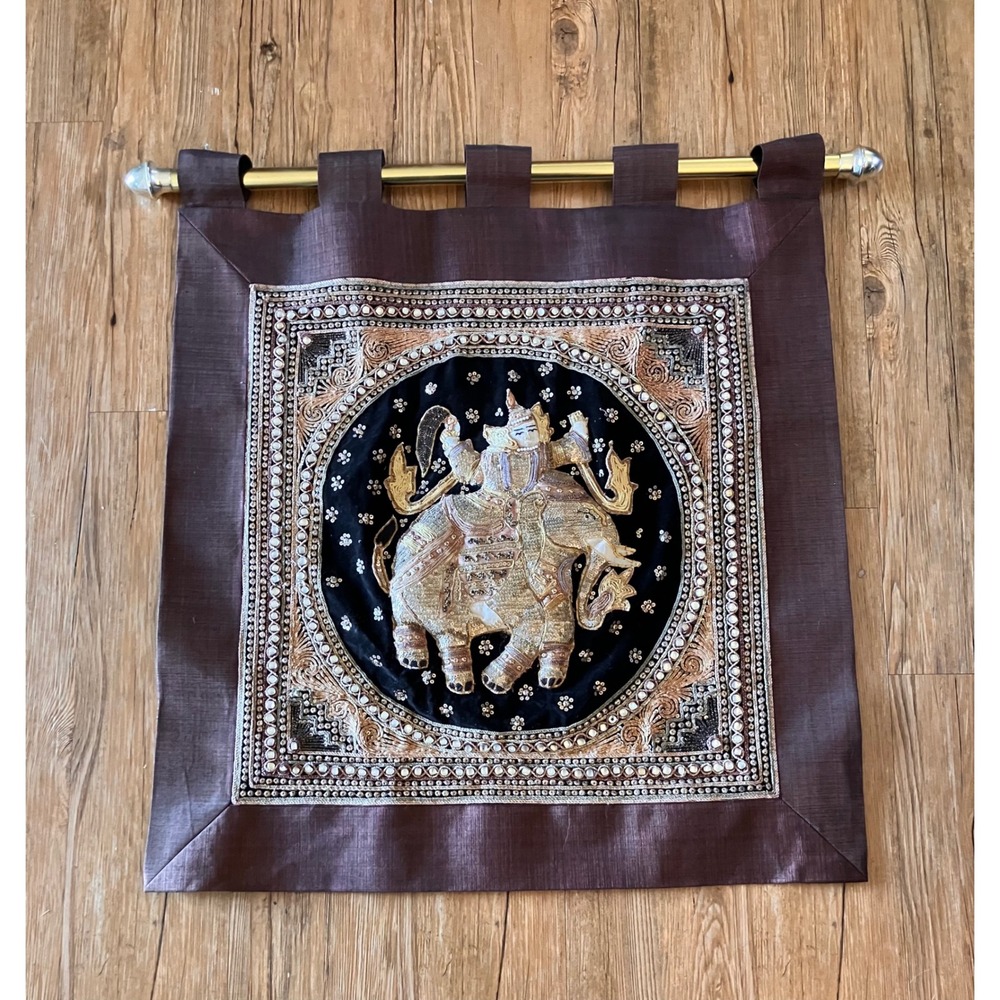 Vintage Kalaga Elephant Wall Hanging Tapestry Brown Gold Embroidered Art